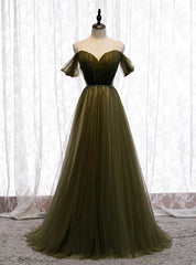 Hot Sale Dark Green Tulle V-neck Pleats Prom Dresses