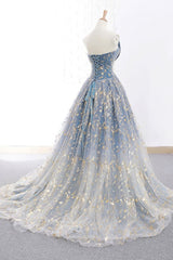 Elegant A Line Blue Tulle Long Strapless Lace Up Gold Evening Dresses, Prom Dresses, Js223