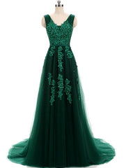 Hunter Green Lace Applique Tulle V Neck And Lace Up Prom Dresses