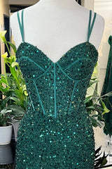 Hunter Green Sweetheart Straps Sequins Long Prom Dresses