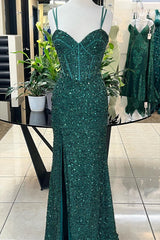 Hunter Green Sweetheart Straps Sequins Long Prom Dresses