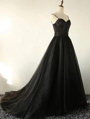 Charming Black Spaghetti Straps Sweetheart Tulle Evening Dresses Formal Dresses