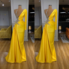 Illusion neck Bright Yellow One shoulder Bubble Sleeves Prom Dresses