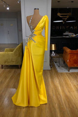 Illusion neck Bright Yellow One shoulder Bubble Sleeves Prom Dresses