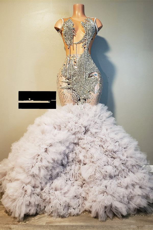 Silver Sleeveless Mermaid Prom Dress Ruffles With Beadings
