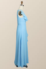 Blue Chiffon Ruffles Long Bridesmaid Dresses