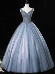 In One Step Gray Blue Ball Gown Tulle V-neck Sleeveless Quinceanera Dresses