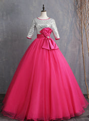 Instead, Opt For a Stylish Fuchsia Ball Gown Tulle Silver Sequins Short Sleeve Quinceanera Dresses