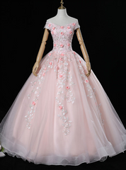 Is a Rite Of Passage Pink Ball Gown Tulle Off the Shoulder 3D Appliques Quinceanera Dresses