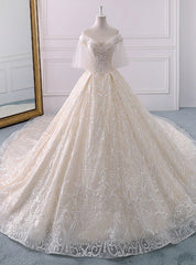 Ivory Ball Gown Tulle Off The Shoulder Long Train Wedding Dresses