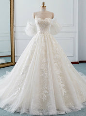 Ivory Ball Gown Tulle Sweetheart Neck Appliques Wedding Dresses