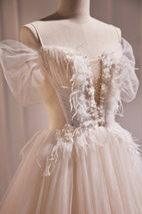 Ivory Floor Length Beaded Straps Prom Dresses, Ivory Tulle Evening Dresses