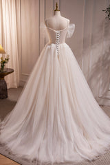 Ivory Floor Length Beaded Straps Prom Dresses, Ivory Tulle Evening Dresses