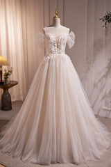 Ivory Floor Length Beaded Straps Prom Dresses, Ivory Tulle Evening Dresses