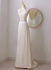 Ivory Satin Halter Backless Wedding Dress