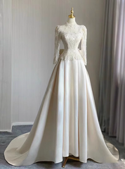 Ivory Satin Long Sleeve Wedding Dresses