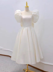 Ivory Satin Square Puff Sleeve Short Wedding Dresses