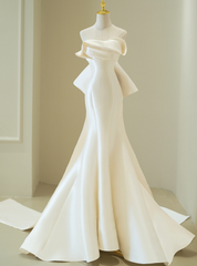 Ivory Satin Strapless Pleats Bow Wedding Dresses