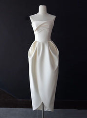 Ivory Satin Strapless Pleats Short Wedding Dresses