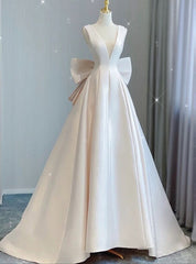 Ivory Satin V-neck Backless Bow Wedding Dresses