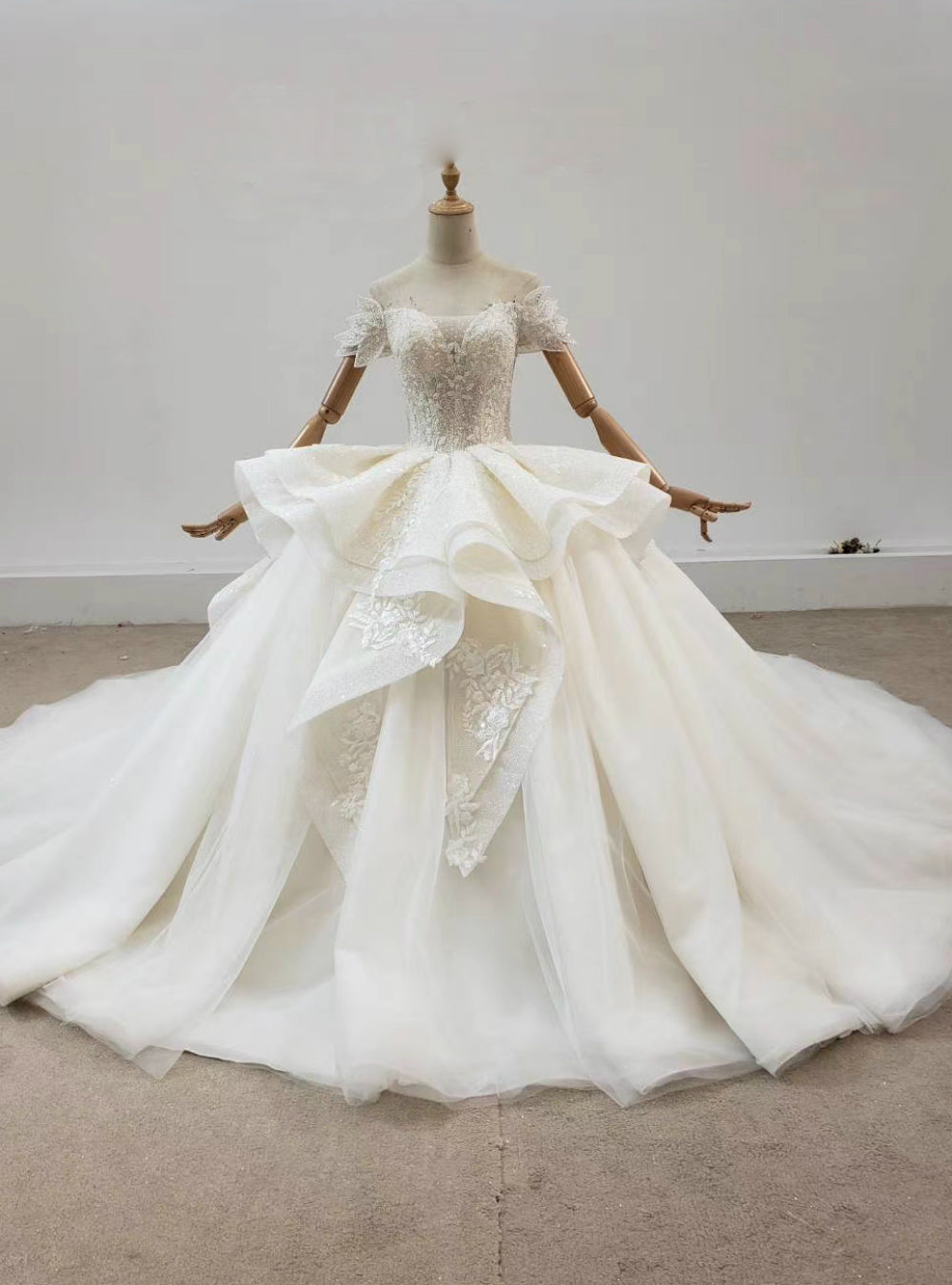 Ivory Tulle Ball Gown Off the Shoulder Appliques Sequins Wedding Dress