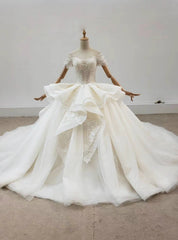 Ivory Tulle Ball Gown Off the Shoulder Appliques Sequins Wedding Dress