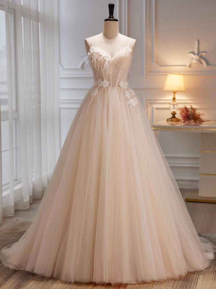 Ivory Tulle Spaghetti Straps Pleats Flower Wedding Dress