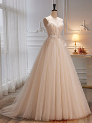 Ivory Tulle with Flowers Straps Prom Dresses, A-line Ivory Party Dresses