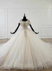 Ivory White Ball Gown Tulle Open Back Beading Sequins Wedding Dresses