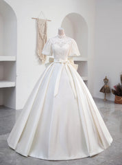 Ivory White Satin High Neck Short Sleeve Wedding Dress