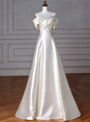 Ivory White Satin Off the Shoulder Pleats Wedding Dresses