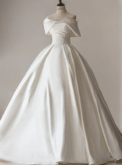 Ivory White Satin Off the Shoulder Wedding Dresses