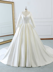 Ivory White Satin Sweetheart Long Sleeve Wedding Dresses With Train