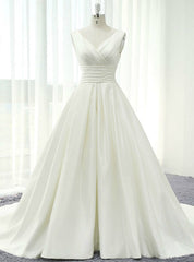 Ivory White Satin V-neck Backless Pleats Wedding Dresses With Train