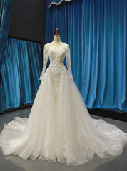 Ivory White Tulle Mermaid Appliques Beading Sequins Long Sleeve Wedding Dresses With Removable Train