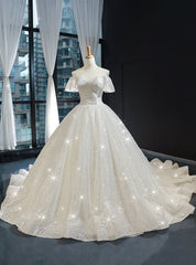 Ivory White Tulle Sequins Off the Shoulder Appliques Luxury Wedding Dresses With Train