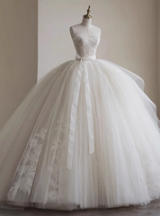 Ivory White Tulle Strapless Ball Gown Wedding Dresses