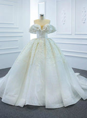 Just Be The One For You White Ball Gown Tulle Appliques Beading Off the Shoulder Wedding Dresses