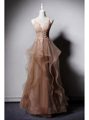 Khaki Tulle Spaghetti Straps Appliques Beading Prom Dresses