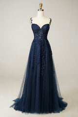 Navy Tulle and Lace Long Prom Dresses, Lovely Spaghetti Strap Evening Dresses