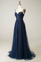 Navy Tulle and Lace Long Prom Dresses, Lovely Spaghetti Strap Evening Dresses