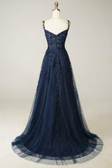 Navy Tulle and Lace Long Prom Dresses, Lovely Spaghetti Strap Evening Dresses