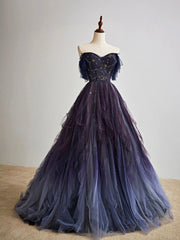 Purple Gradient Tulle Long Prom Dresses, Beautiful A-Line Evening Party Dresses