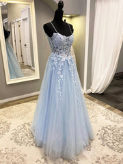 Blue Spaghetti Strap Tulle Long Prom Dresses with Lace, A-Line Evening Party Dresses