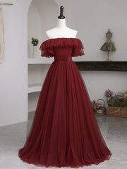 Burgundy Tulle Floor Length Prom Dresses, Simple A-Line Evening Party Dresses