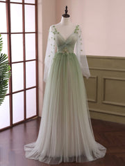 Light Green Tulle Long Sleeve Prom Dresses, Green Gradient Floor Length Evening Dresses