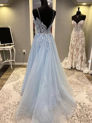 Blue Spaghetti Strap Tulle Long Prom Dresses with Lace, A-Line Evening Party Dresses