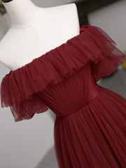 Burgundy Tulle Floor Length Prom Dresses, Simple A-Line Evening Party Dresses