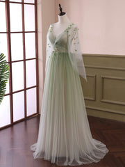 Light Green Tulle Long Sleeve Prom Dresses, Green Gradient Floor Length Evening Dresses