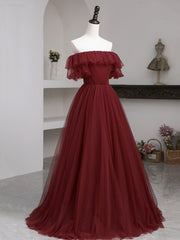 Burgundy Tulle Floor Length Prom Dresses, Simple A-Line Evening Party Dresses